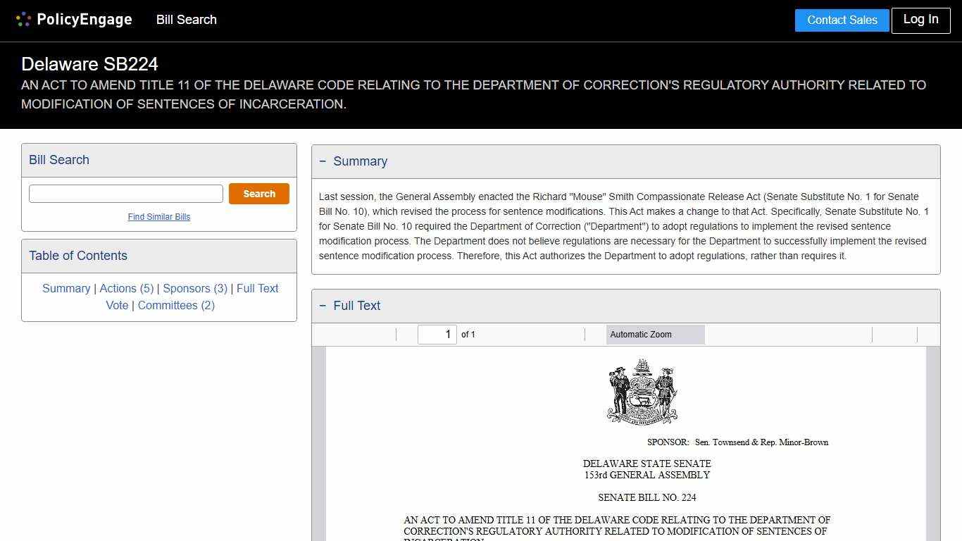 SB224 Delaware 2025-2026 AN ACT TO AMEND TITLE 11 OF THE DELAWARE CODE RELATING TO THE DEPARTMENT OF CORRECTION'S REGULATORY AUTHORITY RELATED TO MODIFICATION OF SENTENCES OF INCARCERATION. - Legislative Tracking PolicyEngage