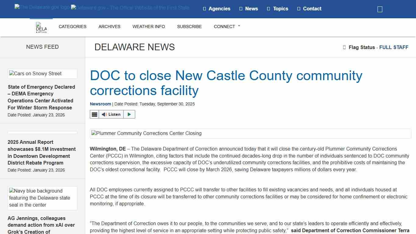 DOC to close New Castle County community corrections facility - State of Delaware News
